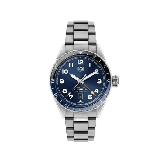 Tag Heuer Autavia Cosc GMT Automatic Blue Dial Silver Steel Strap Watch for Men - WBE511A.BA0650