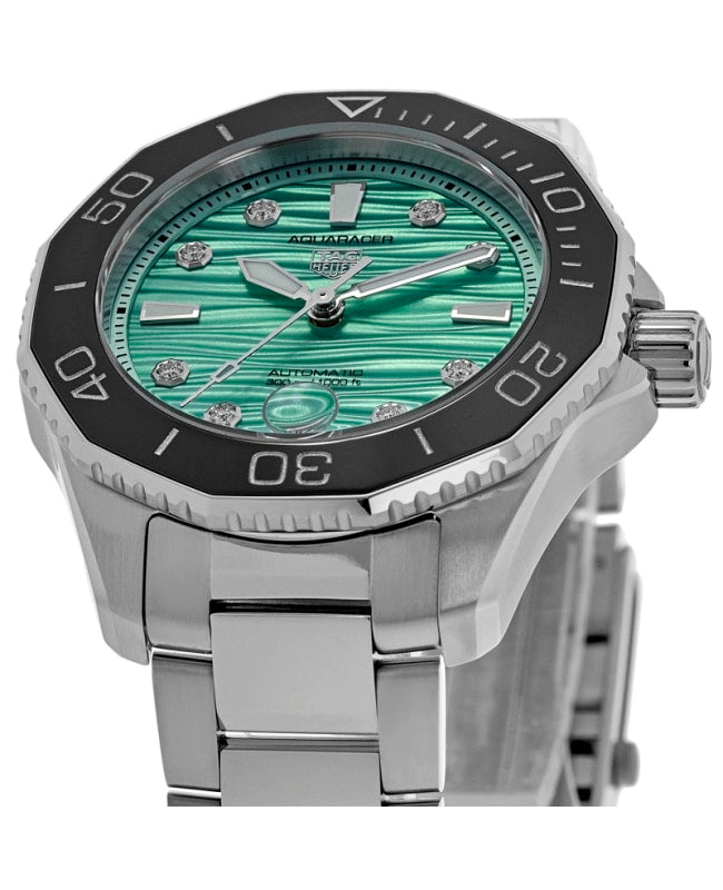 Tag Heuer Aquaracer Professional 300 Automatic Diamonds Green Dial Silver Steel Strap Watch for Women - WBP231K.BA0618