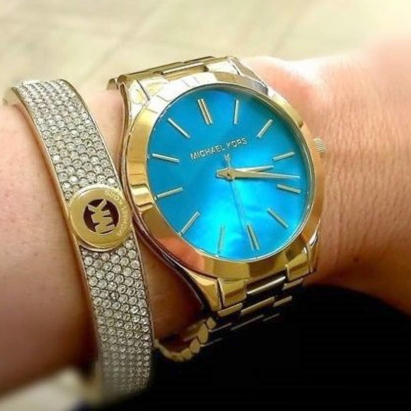 Michael Kors Slim Runway Blue Mother of Pearl Dial Gold Steel Strap Watch for Women - MK3492