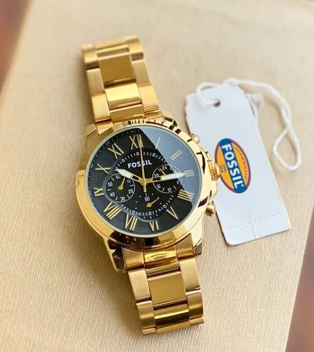 Fossil Grant Chronograph Black Dial Gold Steel Strap Watch for Men - FS4815