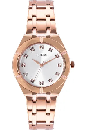 Guess Crystalline Diamonds Silver Dial Rose Gold Steel Strap Watch for Women - GW0114L3