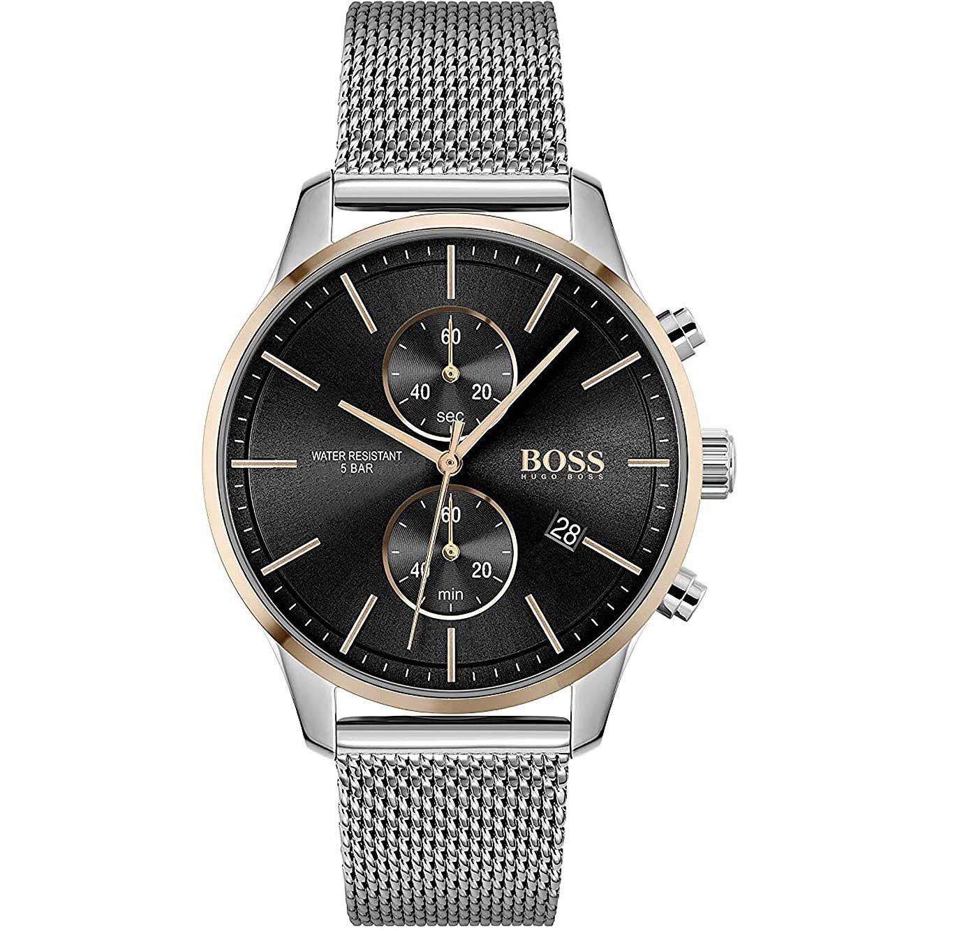 Hugo Boss Associate Black Dial Silver Mesh Bracelet Watch for Men - 1513805