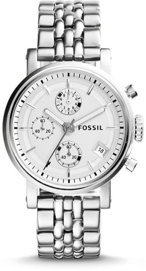 Fossil Boyfriend Chronograph Silver Dial Silver Steel Strap Watch for Women - ES2198