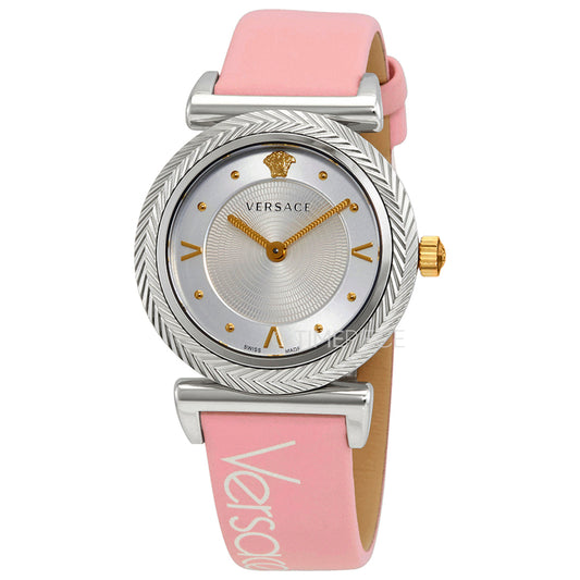 Versace V-Motif Silver Dial Pink Leather Strap Watch for Women - VERE00118