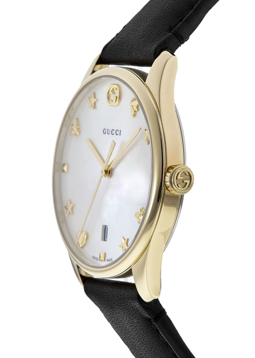 Gucci G-Timeless Quartz Mother of Pearl Dial Black Leather Strap Watch For Women - YA1264044