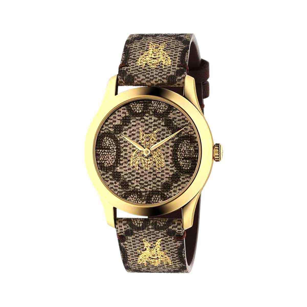 Gucci G Timeless Bee Motif Quartz Brown Dial Brown Leather Strap Watch For Men - YA1264068