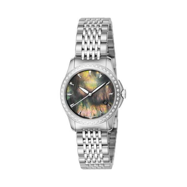 Gucci G Timeless Diamonds Mother of Pearl Black Dial Silver Mesh Bracelet Watch For Women - YA126507