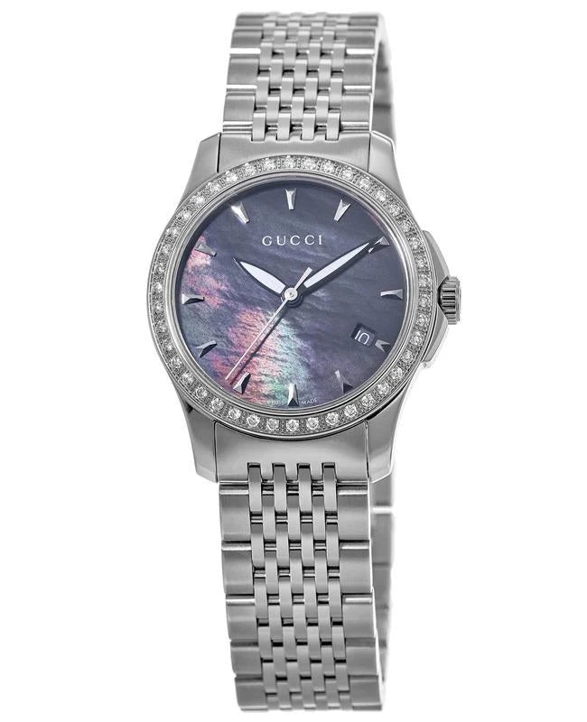 Gucci G Timeless Diamonds Mother of Pearl Black Dial Silver Mesh Bracelet Watch For Women - YA126507