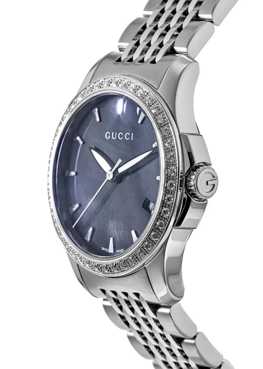 Gucci G Timeless Diamonds Mother of Pearl Black Dial Silver Mesh Bracelet Watch For Women - YA126507