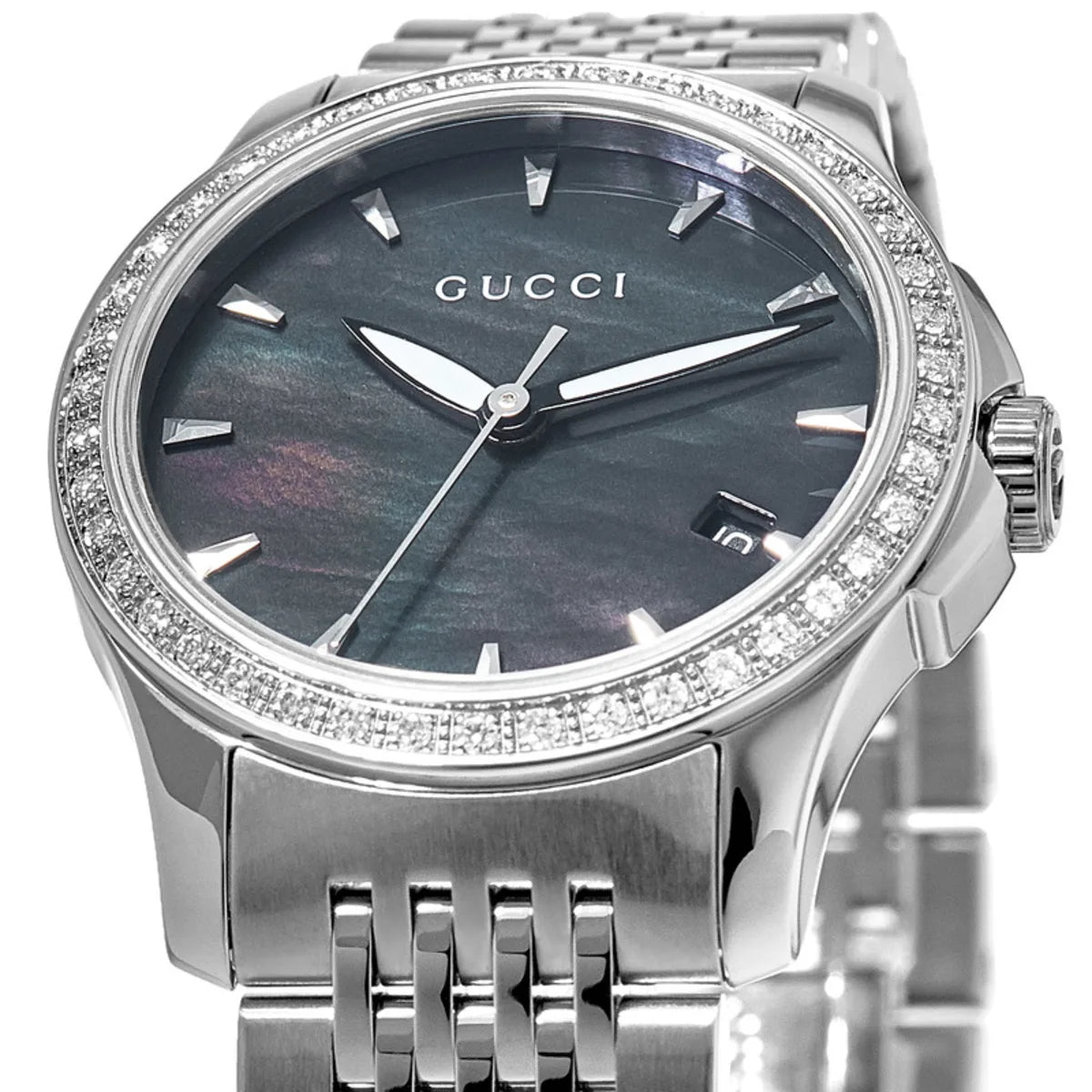 Gucci G Timeless Diamonds Mother of Pearl Black Dial Silver Mesh Bracelet Watch For Women - YA126507