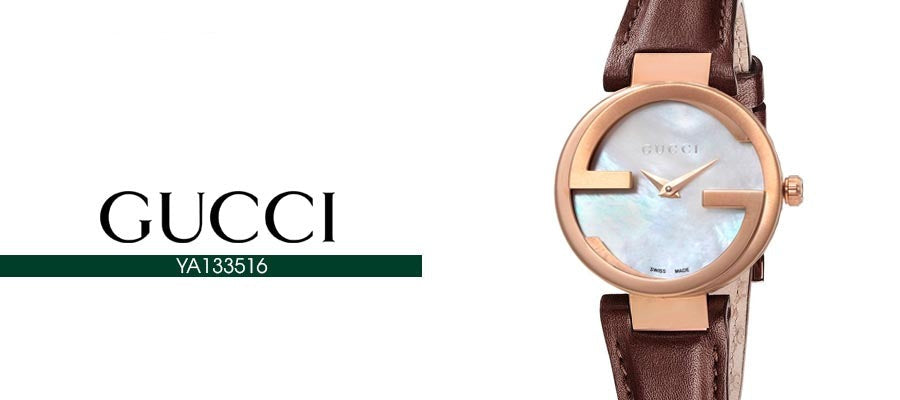 Gucci Interlocking Mother of Pearl Dial Brown Leather Strap Watch For Women - YA133516