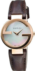 Gucci Interlocking Mother of Pearl Dial Brown Leather Strap Watch For Women - YA133516