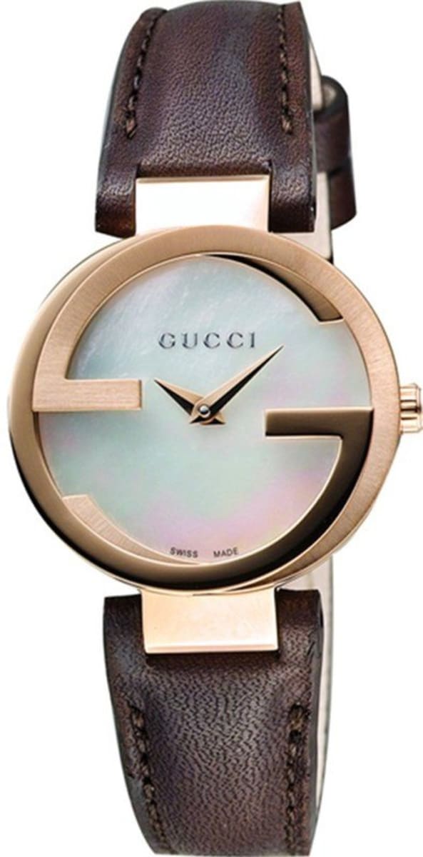 Gucci Interlocking Mother of Pearl Dial Brown Leather Strap Watch For Women - YA133516