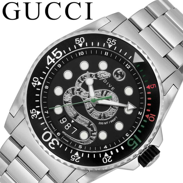 Gucci Dive Quartz Stainless Steel Black Snake Dial Watch For Men 45mm  - YA136218