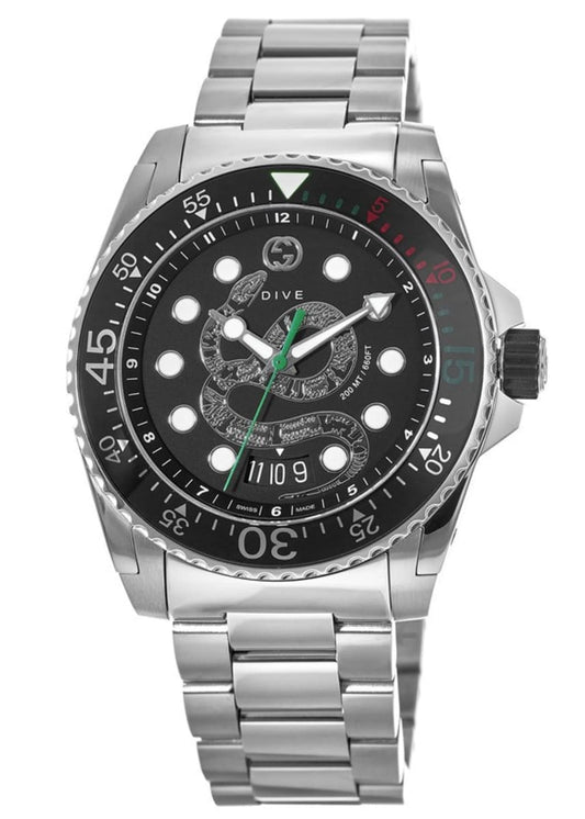 Gucci Dive Quartz Stainless Steel Black Snake Dial Watch For Men 45mm  - YA136218