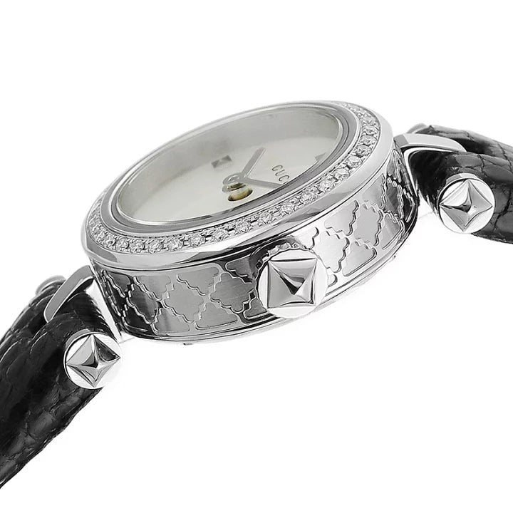 Gucci Diamantissima Diamonds Mother of Pearl Dial Black Leather Strap Watch For Women - YA141511