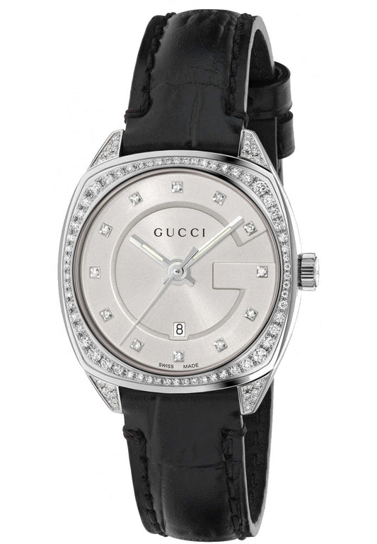 Gucci GG2570 Silver Dial Diamonds Black Leather Strap Watch For Women - YA142507