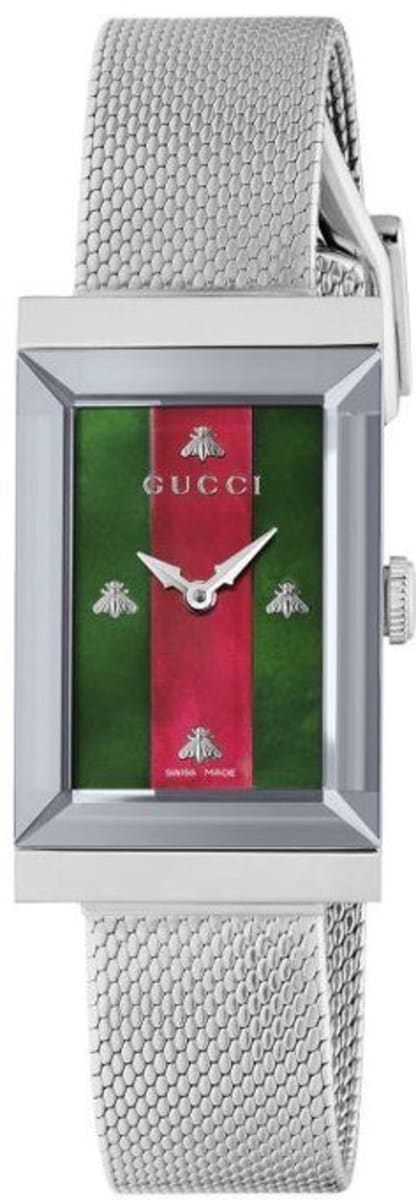 Gucci G Frame Red and Green Dial Silver Mesh Bracelet Watch For Women - YA147401