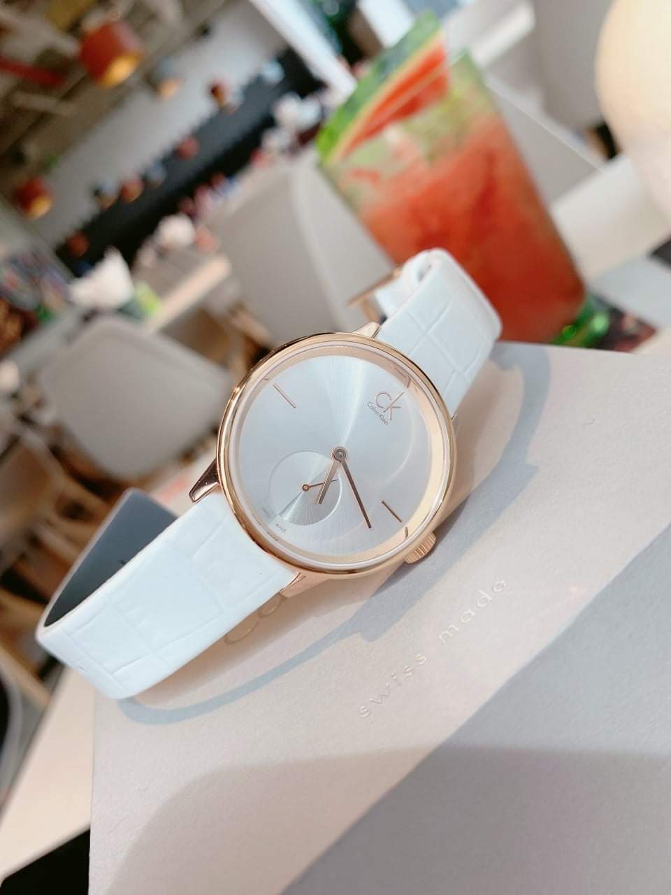 Calvin Klein Accent Silver Dial White Leather Strap Watch for Women - K2Y216K6