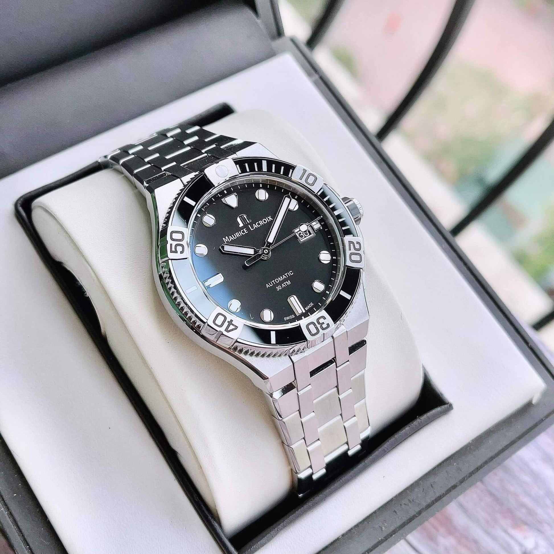 Maurice Lacroix Aikon Venturer Black Dial Silver Steel Strap Watch for Men - AI6058-SS002-330-1