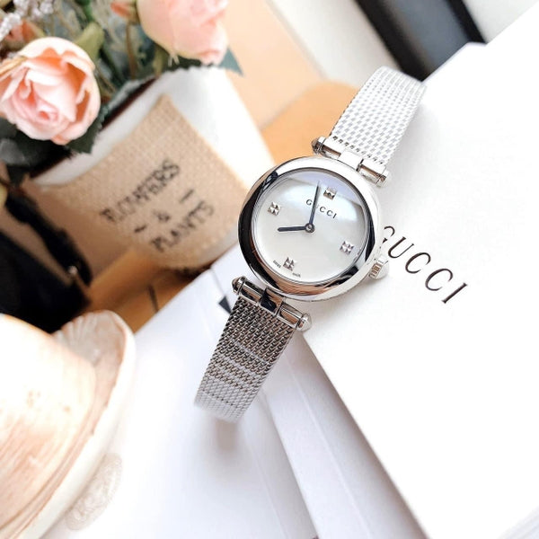 Gucci Diamantissima Diamonds Mother of Pearl Dial Silver Mesh Bracelet Watch for Women - YA141504