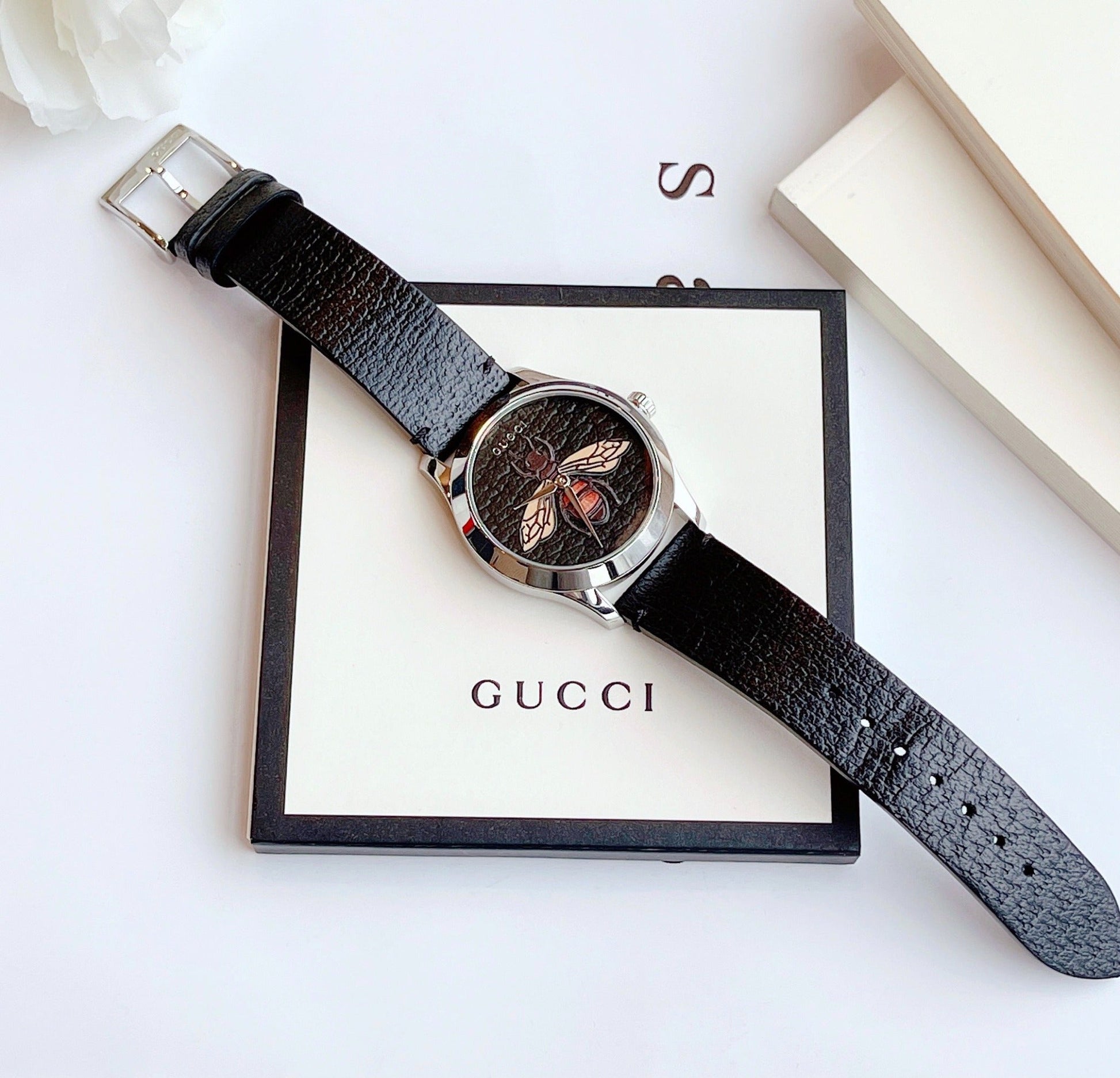 Gucci G Timeless Bee Motif Black Dial Black Leather Strap Watch For Women - YA1264067