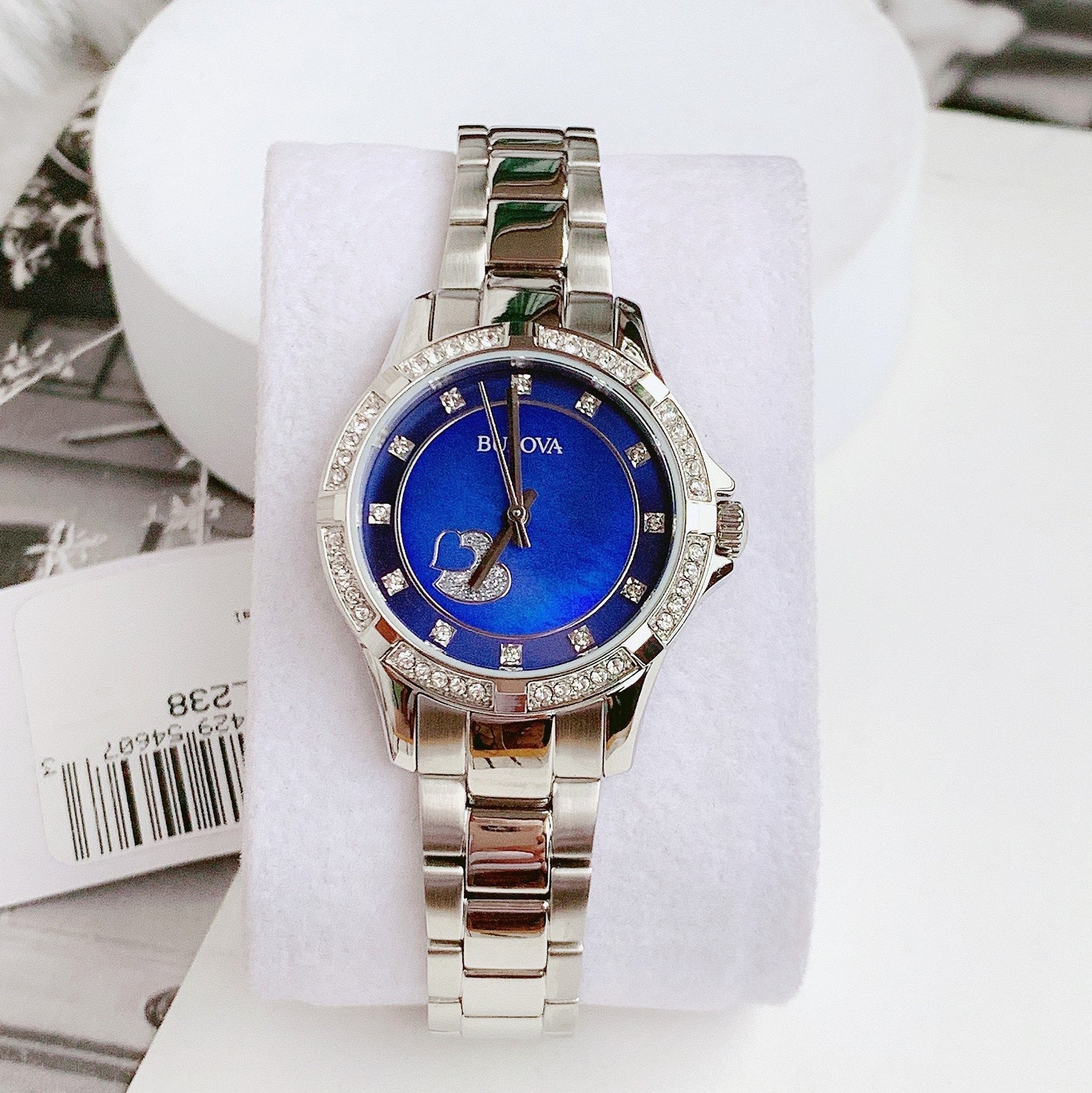 Bulova Crystal Collection Mother of Pearl Blue Dial Silver Steel Strap Watch for Women - 96L238