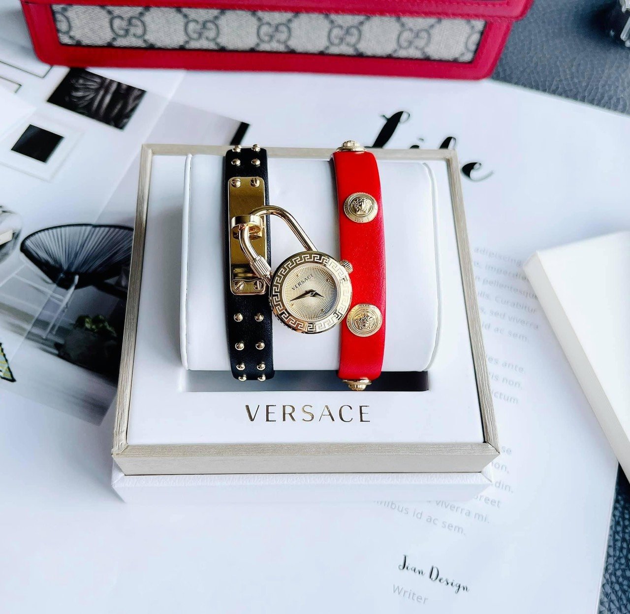 Versace Medusa Lock Icon Gold Dial Red Leather Strap Watch for Women - VEDW00119