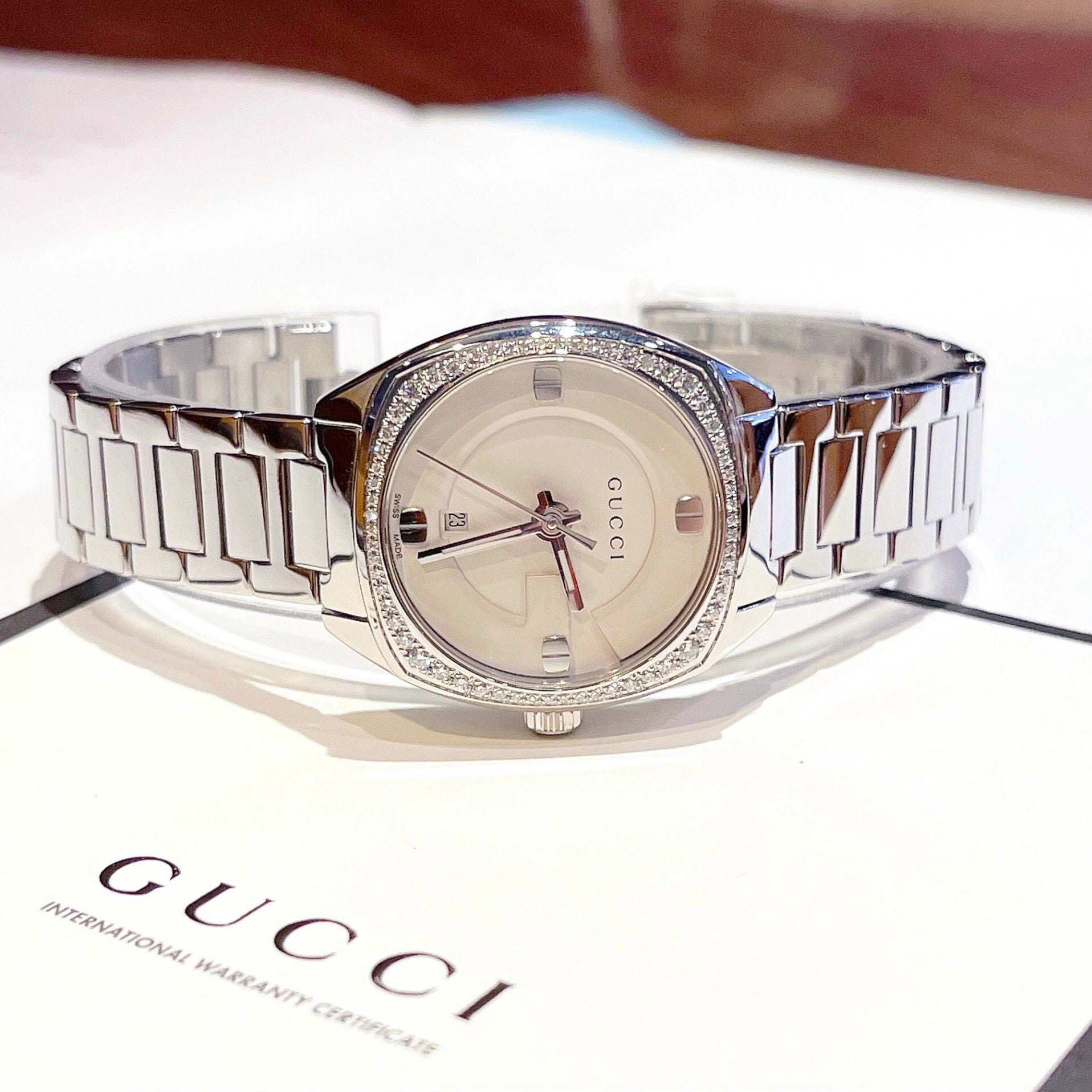 Gucci G Frame White Dial Stainless Steel Diamond Watch For Women - YA142506