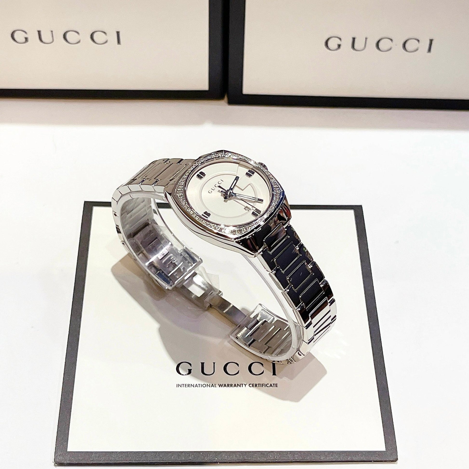 Gucci G Frame White Dial Stainless Steel Diamond Watch For Women - YA142506