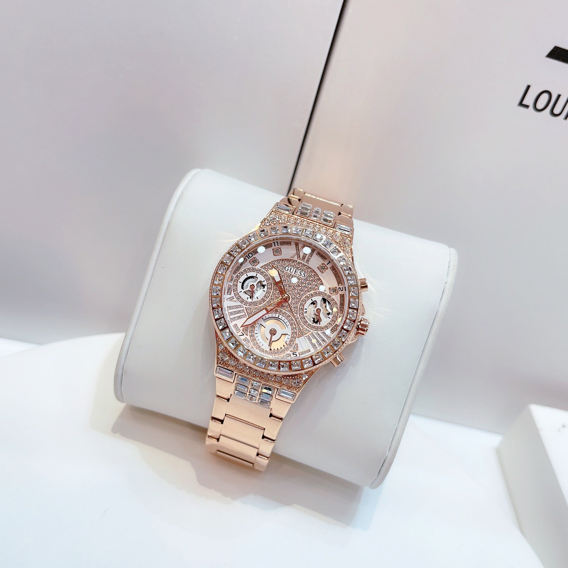 Guess Moonlight Multi Function Diamonds White Dial Rose Gold Steel Strap Watch for Women - GW0320L3