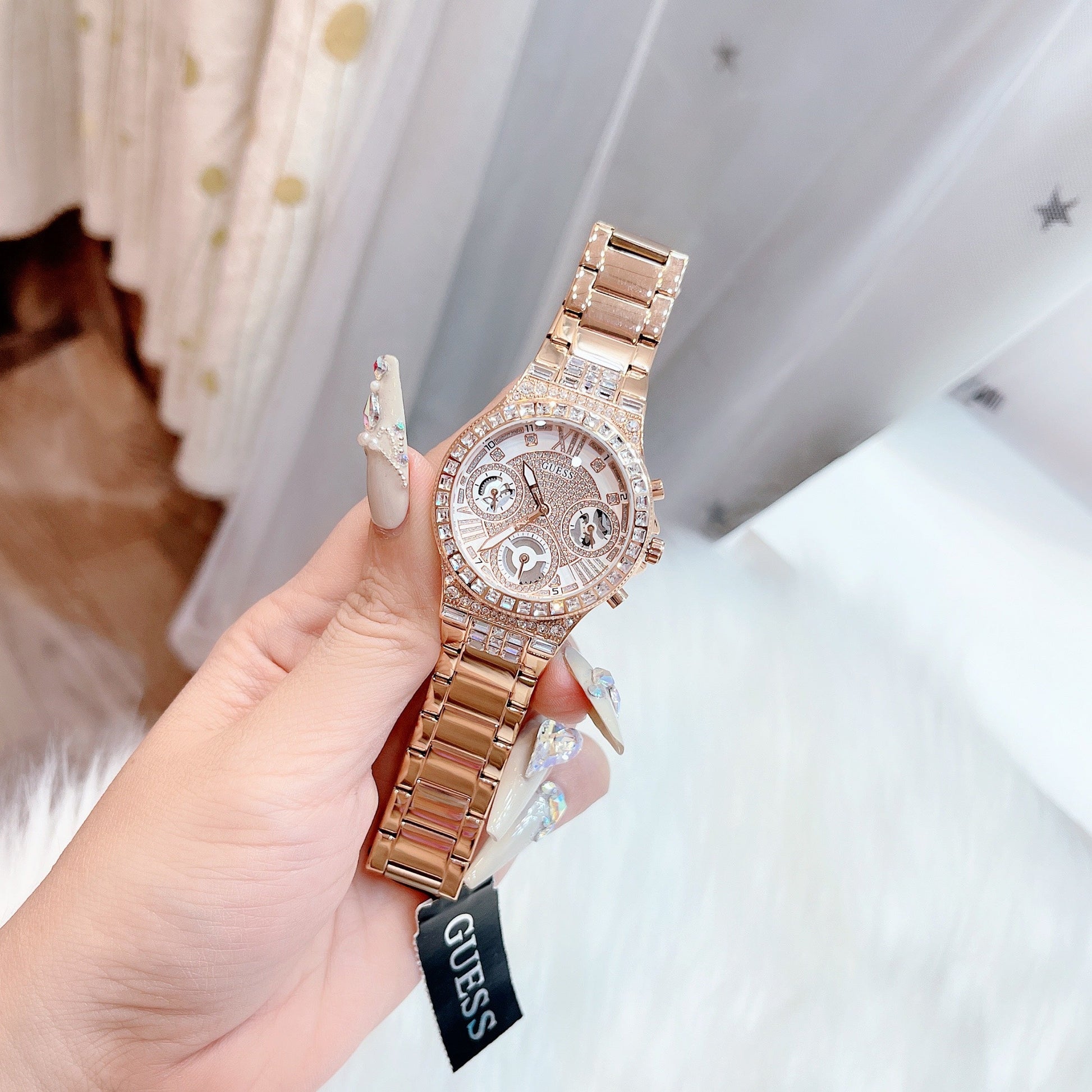 Guess Moonlight Multi Function Diamonds White Dial Rose Gold Steel Strap Watch for Women - GW0320L3