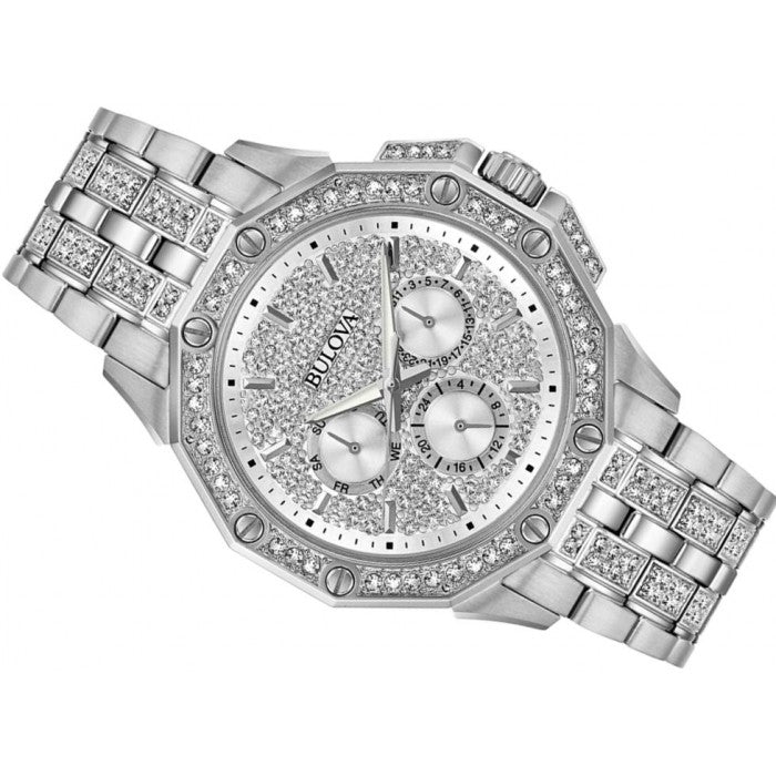 Bulova Crystal Collection Pave Crystals  Silver Dial Silver Steel Strap Watch for Men - 96C134