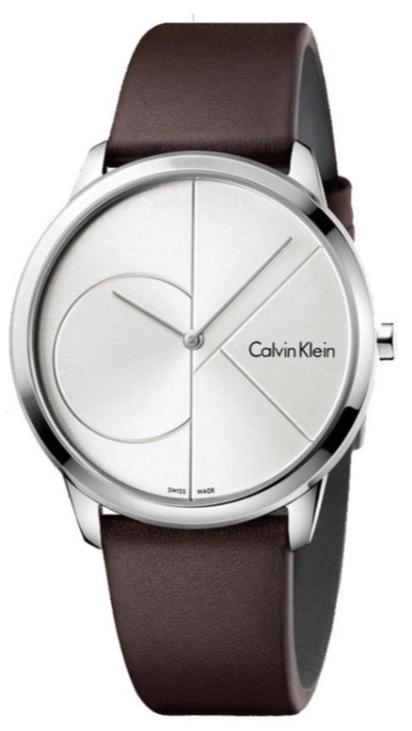 Calvin Klein Minimal Silver Dial Brown Leather Strap Watch for Men - K3M221G6