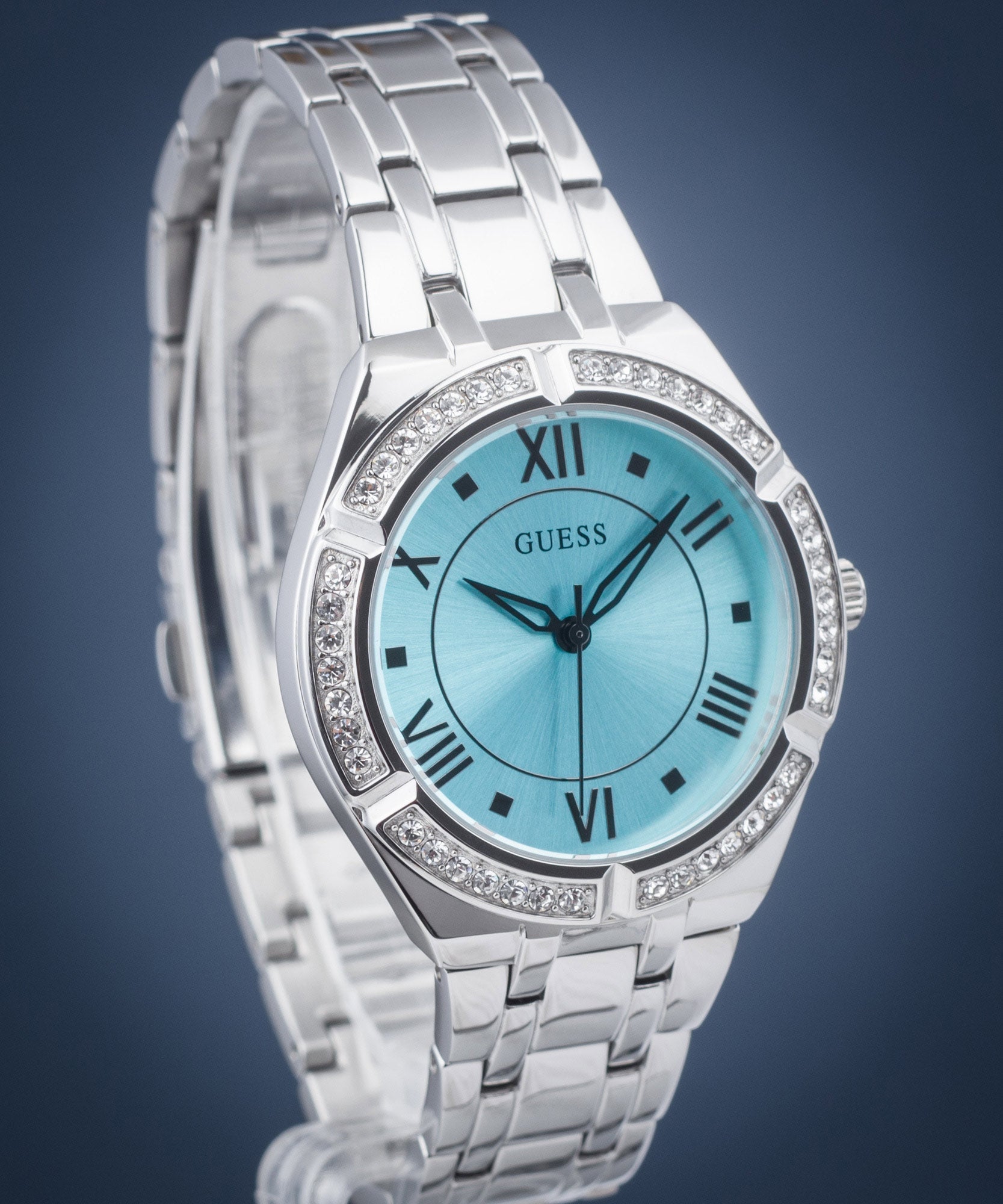 Guess Cosmo Diamonds Turquoise Dial Silver Steel Strap Watch for Women - GW0033L7