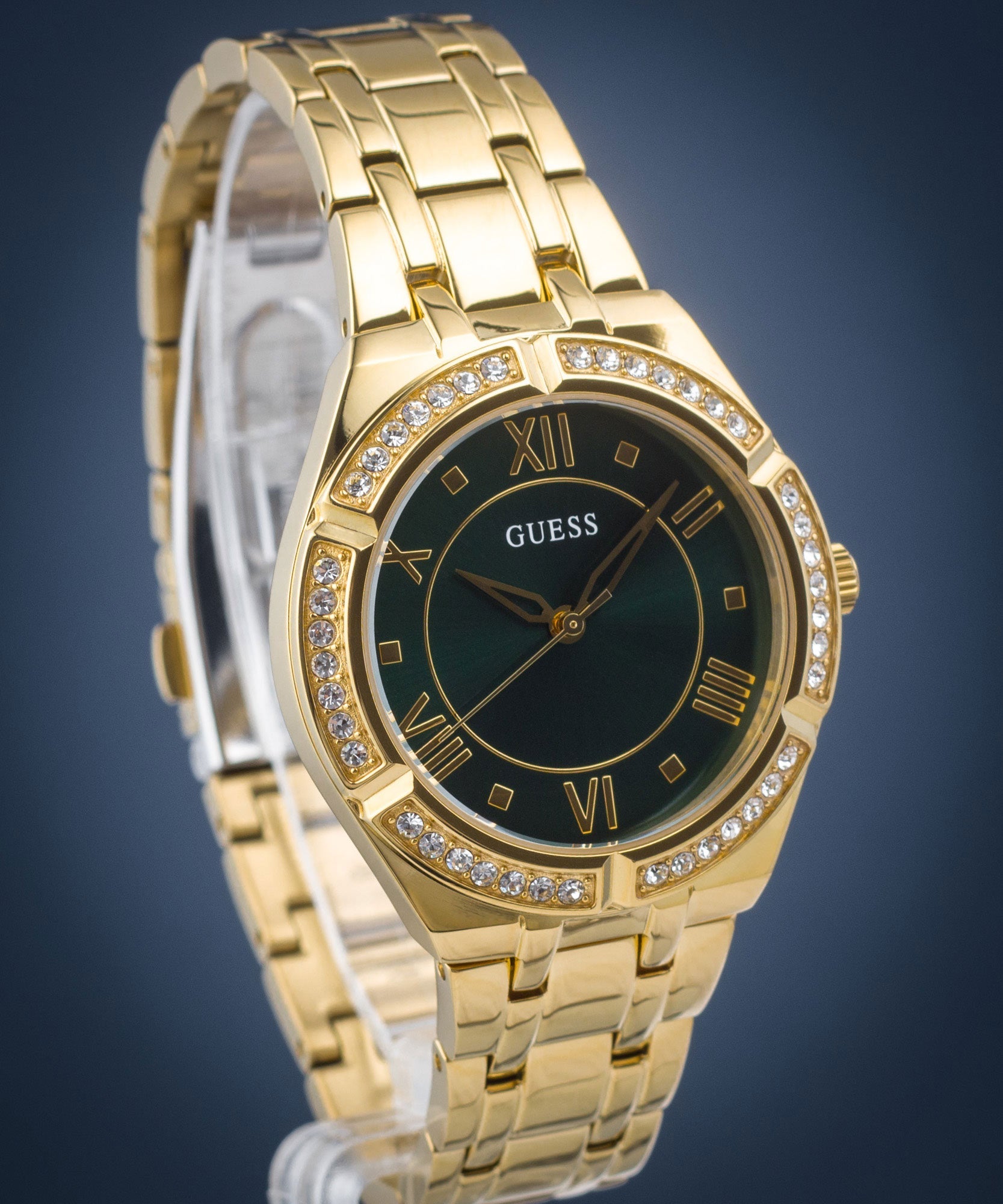 Guess Cosmo Diamonds Green Dial Gold Steel Strap Watch for Women - GW0033L8