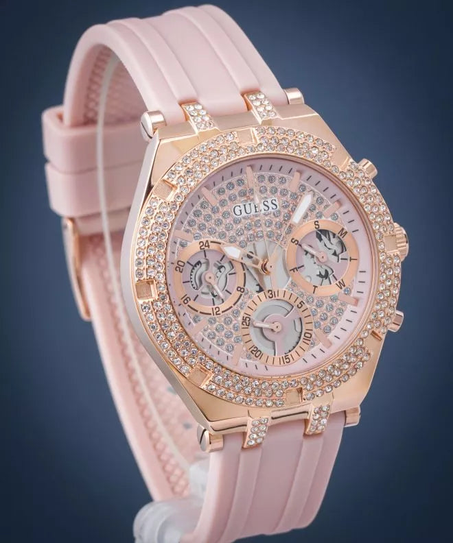 Guess Heiress Diamonds Rose Gold Dial Pink Rubber Strap Watch for Women - GW0407L3