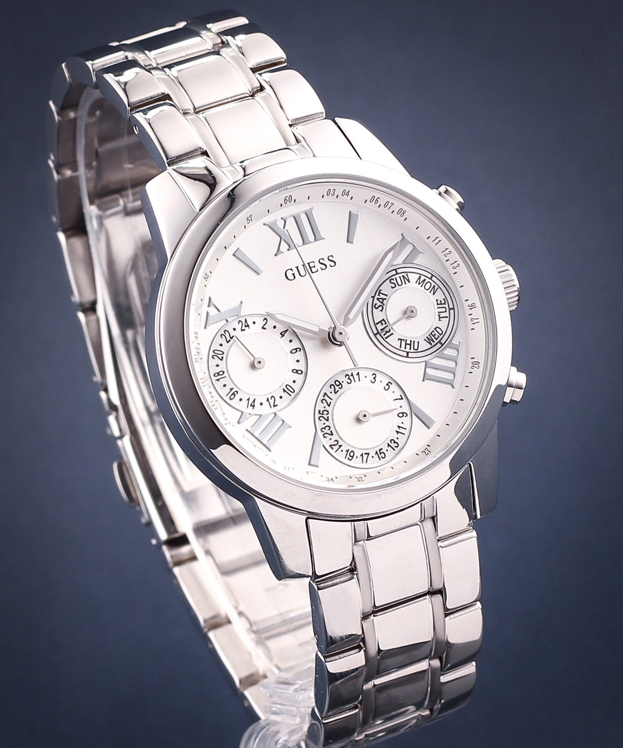 Guess Mini Sunrise Silver Dial Silver Steel Strap Watch For Women - W0448L1