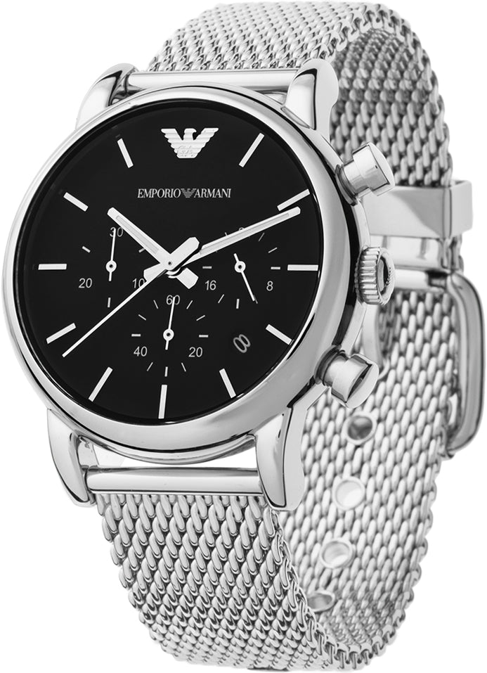 Emporio Armani Luigi Chronograph Black Dial Silver Mesh Bracelet Watch For Men - AR1811