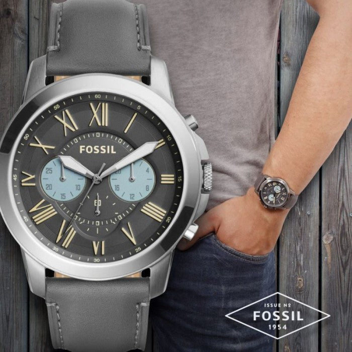 Fossil Grant Chronograph Gunmetal Dial Grey Leather Strap Watch for Men - FS5183