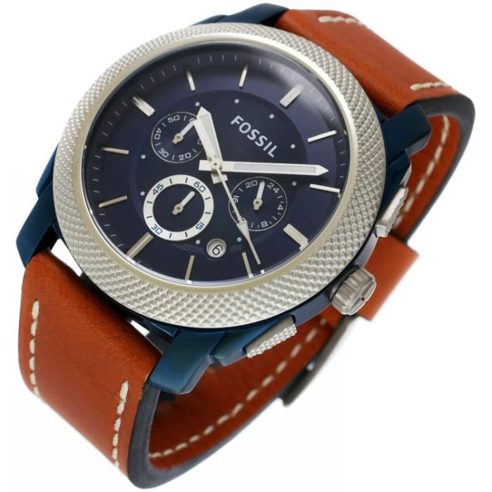 Fossil Machine Chronograph Blue Dial Brown Leather Strap Watch for Men - FS5232