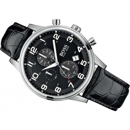 Hugo Boss Aeroliner Chronograph Quartz Black Dial Black Leather Strap Watch For Men - HB1512448