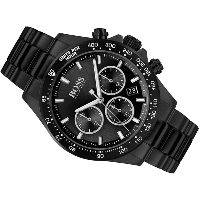 Hugo Boss Hero Chronograph Black Dial Black Steel Strap Watch for Men - 1513754