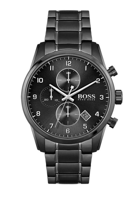 Hugo Boss Skymaster Chronograph Black Dial Black Steel Strap Watch for Men - 1513785