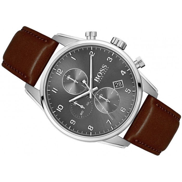 Hugo Boss Skymaster Grey Dial Brown Leather Strap Watch for Men - 1513787