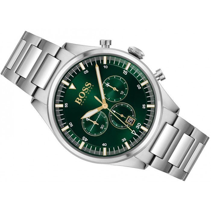 Hugo Boss Pioneer Chronograph Green Dial Silver Steel Strap Watch for Men - 1513868