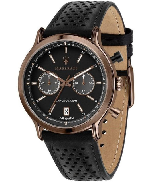 Maserati Legend Chronograph Black Dial Black Leather Strap Watch For Men - R8871638001