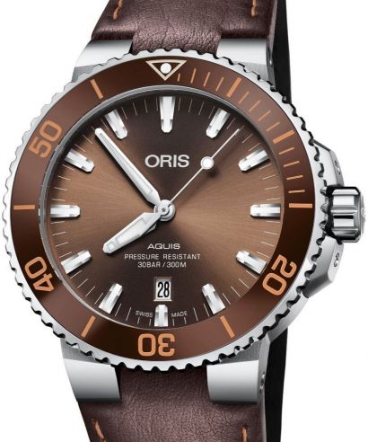 Oris Aquis Date Brown Dial Brown Leather Strap Watch for Men - 0173377304152-0752412EB