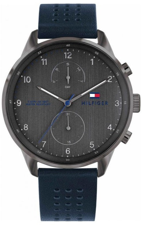 Tommy Hilfiger Chase Grey Dial Blue Leather Strap Watch for Men - 1791578