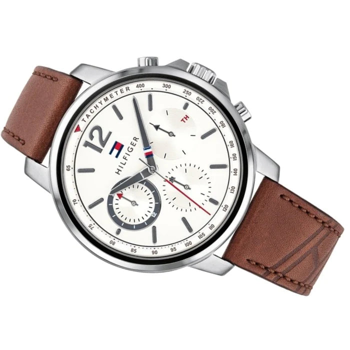 Tommy Hilfiger Landon Chronograph Quartz White Dial Brown Leather Strap Watch for Men - 1791531